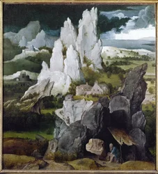 Sint Hiëronymus in een rotsachtig landschap