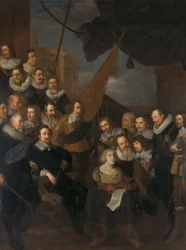 Officieren en andere Schutters van het XIXe District van Amsterdam, onder bevel van Kapitein Cornelis Bicker en Luitenant Frederick van Banchem, wachtend om Marie de Médicis te verwelkomen, 1 september 1638