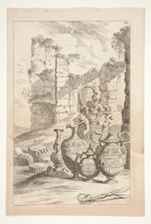 Een kandelaar en sierlijke kannen met handvat in een landschap met ruïnes, uit Sculpturae Veteris Admirata