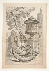 Een reliëf van krijgers, een bedekte vaas versierd met een Bacchisch reliëf, en een hoorn des overvloeds in een landschap