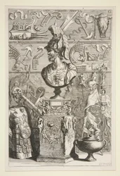 Een standbeeld van Lucius Sciopione, wapenrusting en andere antieke vaandels en fragmenten