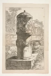 Een hoge bedekte urn en een kom in een landschap met klassieke ruïnes