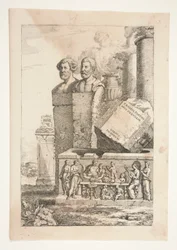 Portretbustes, zuilen, rokende urn en een reliëf