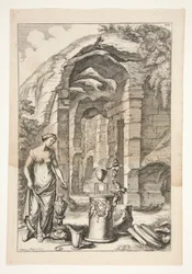 Vrouw in antieke jurk met urnen, standaards en ruïnes