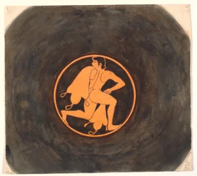 Kopie naar Griekse roodfiguur-kylix met schilderij van rennende jongeling met wijnzakken