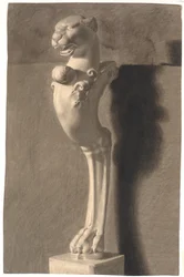 Tekening naar gips. Kopie naar antieke (?) sculptuur. Ornament met leeuwenkop en -poot