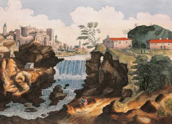 Aniene waterval in Tivoli (Rome), uit Civitatis Admirandorum Italiae, door Joan Blaeu
