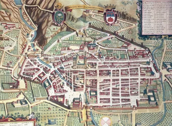 Kaart van Gubbio, Italië, uit Theatrum civitatum et admirandorum Italiae door Joan Blaeu, gravure