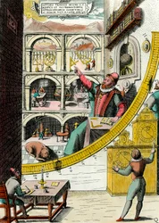 Afbeelding van Tycho Brahe, Deense astronoom in zijn observatorium. Gravure uit 