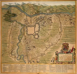 Het beleg van Turijn in 1639, kleurengraving uit Theatrum Sabaudiae door Joan Blaeu, gedrukt in Italië