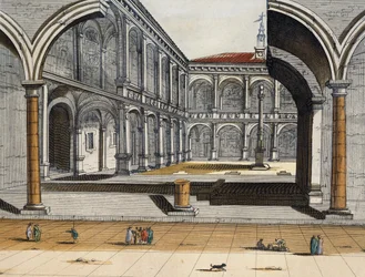 Zicht op de binnenplaats van de oude universiteit in Bologna, Joan Blaeu, gravure, Italië