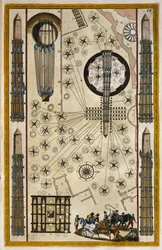 Lieren voor het verplaatsen van obelisk, gravure uit Theatrum civitatum et admirandorum Italiae, door Joan Baleu (1596-1673)