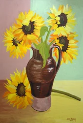 Vijf Zonnebloemen in een Hoge Bruine Kan