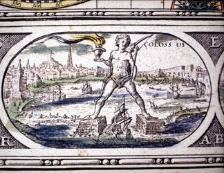 Voorstelling van de Zeven Wonderen van de Oudheid: de Kolossus van Rhodos. in de Atlas van Jansson Jannsonius gedrukt in Amsterdam in 1630. Privécollectie