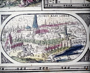 Voorstelling van de Zeven Wonderen van de Oudheid: de Tuinen van Babylon. in de Atlas van Jansson Jannsonius gedrukt in Amsterdam in 1630