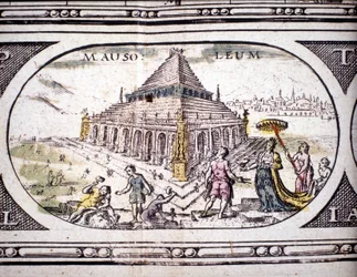 Voorstelling van de zeven wonderen van de oudheid: het Mausoleum van Halicarnassus. in de Atlas van Jansson Jannsonius gedrukt in Amsterdam in 1630. Privécollectie.