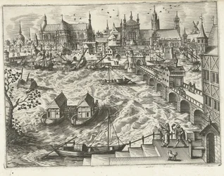 Stadsgezicht met brug en haven