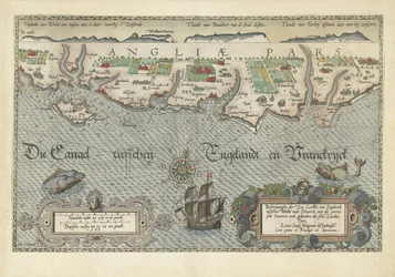 Kaart van de Zuid-Engelse kust tussen de Isle of Wight en Dover Beschrijvinghe der Zee Custen van Engelandt tuschen Wicht ende Doueren