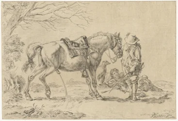 Ruiter naast pissend paard
