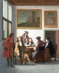 Een Elegant Interieur met Mannen die Kaarten Spelen
