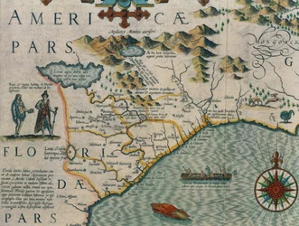 Kust van North Carolina, detail van de kaart getiteld Virginiae item et Floridae uit de Mercator Atlas... van 1606, uitgegeven door Jodocus Hondius (detail)