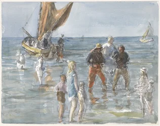 Dame wordt door twee vissers van een boot naar het land gedragen