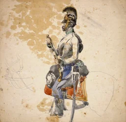 Een soldaat van het 5e Dragonderregiment die zijn pistool herlaadt, 1840-1850