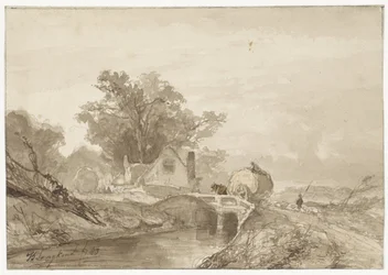 Landschap met een brug met daarop een hooiwagen