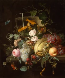 Een Vissenkom, Rozen, Vruchten en Noten met Insecten op een Stenen Rand