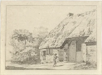 Man met een spade bij een boerderij