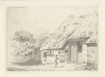 Man met een spade bij een boerderij
