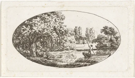Vijver met aan de overzijde een tempel met beeld