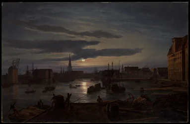 De haven van Kopenhagen bij maanlicht