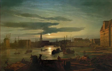 De haven van Kopenhagen in maanlicht