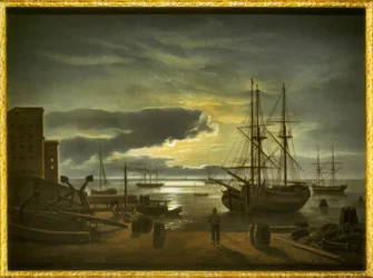 De haven van Kopenhagen bij maanlicht