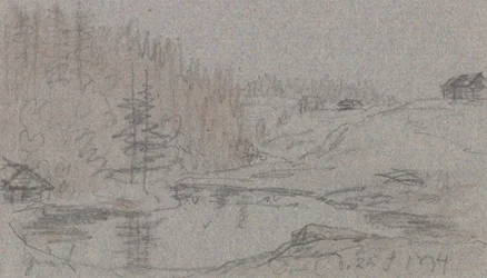 Landschap met rivier, huis en bos