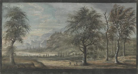 Landschap met loofbomen op de voorgrond