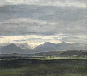 Studie van een landschap met poederblauwe lucht boven bergen