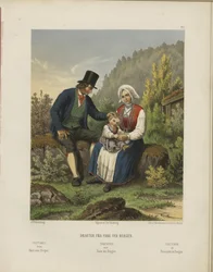 Illustratie uit het boek Geselecteerde Noorse nationale kostuums van onbekende auteur en uitgegeven door Chr. Tønsberg (no, [1861])