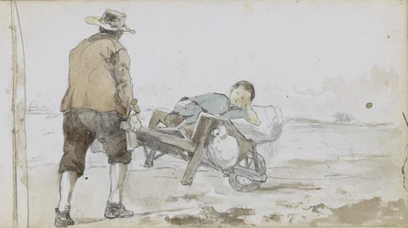 Landschap met een man die een jongen op een handkar voortduwt