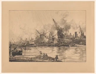 Gezicht op de haven van Rotterdam, met verschillende kranen