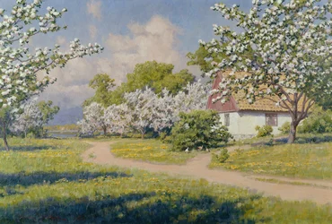 Een bebost landschap met een huisje in de lente