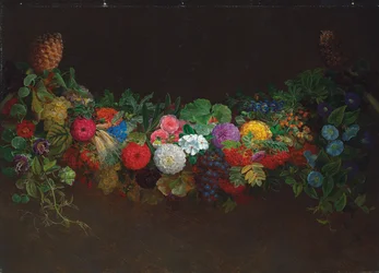 Een prachtige slinger van fruit en bloemen, 1840