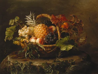 Een Ananas, Druiven, Perziken en Abrikozen in een Mand