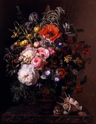Klaprozen, pioenen, rozen en Oost-Indische kers in een Griekse vaas. Schilderij van Johan Laurentz Jensen (1800-1856) Privécollectie.