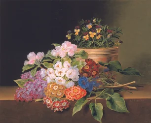 Sering, appelbloesem, korenbloemen en anjers met een pot violen op een rand, 1827