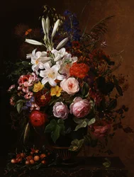 Lelies, pelargoniums en rozen in een Griekse vaas. Schilderij van Johan Laurentz Jensen (1800-1856) Privécollectie.