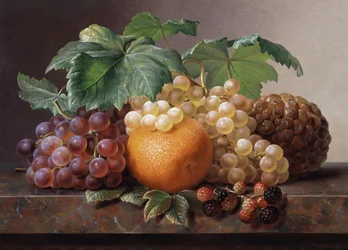 Stilleven van druiven, bramen, sinaasappel en ananas. Schilderij van Johan Laurentz Jensen (1800-1856) Privécollectie.