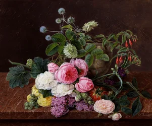 Mosrozen, pioenrozen en dubbele tremieres rozen met mauve commelines. Schilderij van Johan Laurentz Jensen (1800-1856) Privécollectie.