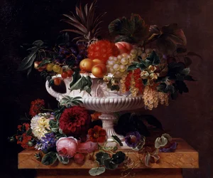 Klassieke urn met krenten, abrikozen, hazelnoten en zwarte bessen. Schilderij van Johan Laurentz Jensen (1800-1856) Privécollectie.